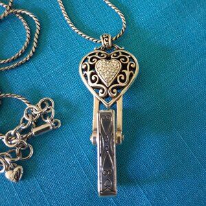 NWOT-Brighton Reno Rhinestone Heart ID Badge Clip Silver Necklace